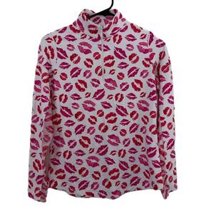 San Soleil Womens Long Sleeve Shirt Size XS White Top 1/4 Zip Lips Kisses LOGO